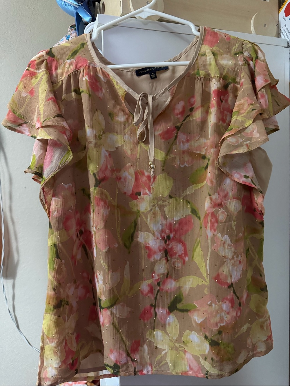 Adrienne Vittadini Beige Floral Ruffle Sleeve Blouse with Pink Accents